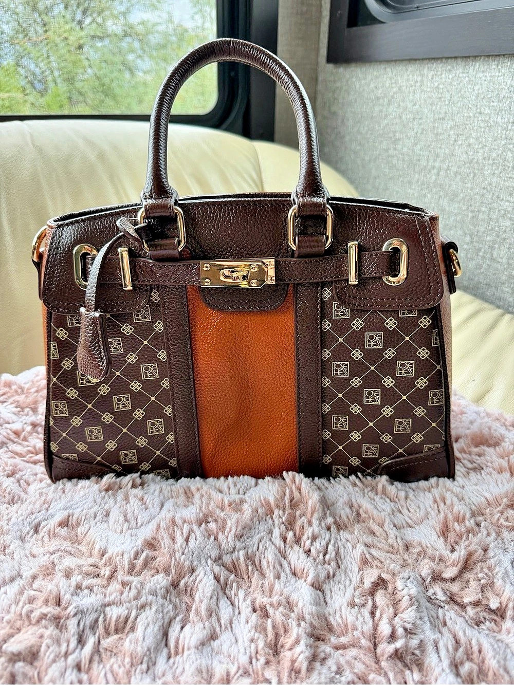 JOSE HESS Danbury Mint Genuine Leather Brown Monogram Satchel Gold Hardware Bag!